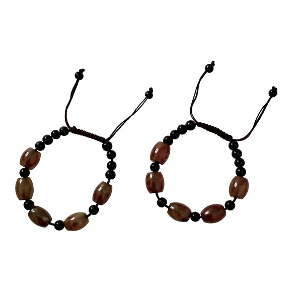 Unisex Adjustable Cord Bracelets Pair Black Cord And Heavy Brown And Black Beads - Picture 1 of 5